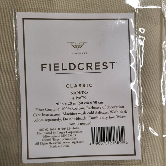 Set of 4 Fieldcrest Fabric Napkins Beige Tan Sateen Finish 100% Cotton 20x20" - Picture 4 of 4